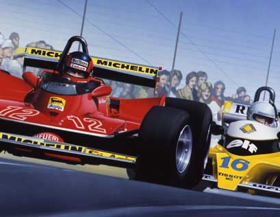 Gilles Villeneuve (Ferrari) and René Arnoux (Renault) battle in spectacular fashion during the closing stages of the 1979 Dijon GP. Villeneuve came out on top.